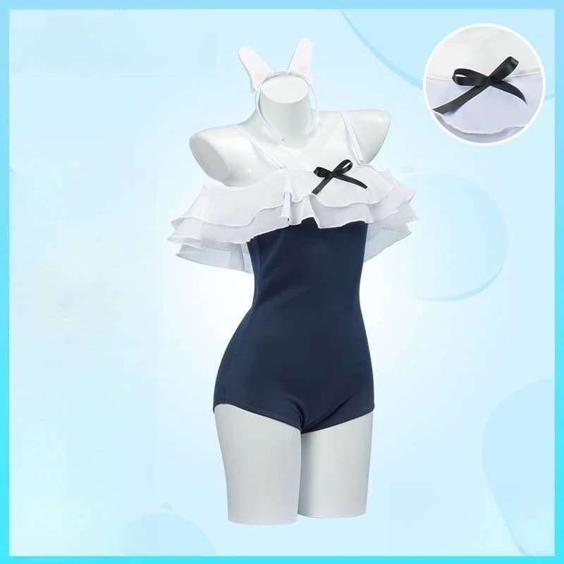 Japanese Kawaii Off Shoulder Bathing Suit Navy White Ruffle Trim One Piece Swimsuit 2026 Bunny Ear Detail Bow Accent Women