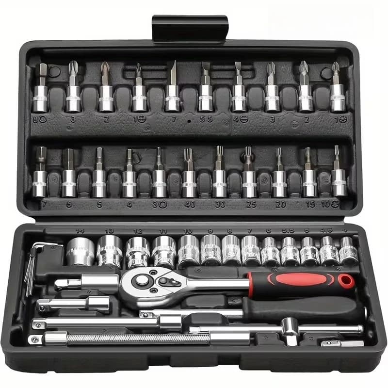 Kit di Attrezzi Premium in Acciaio Inossidabile da 46 Pezzi con Chiavi a Bussola per Manutenzione Auto, Biciclette e Progetti Fai-da-Te