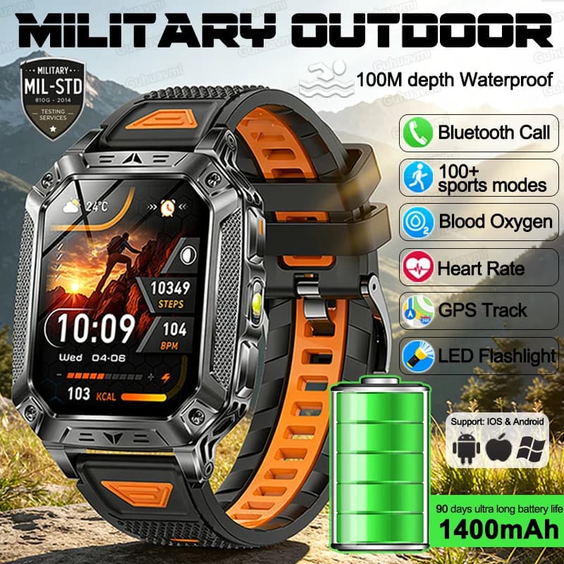 Men's military smart watches, 1400 mAh ultra durable battery, 10 ATM waterproof SmartWatch, 100 sports modes, LED torch
