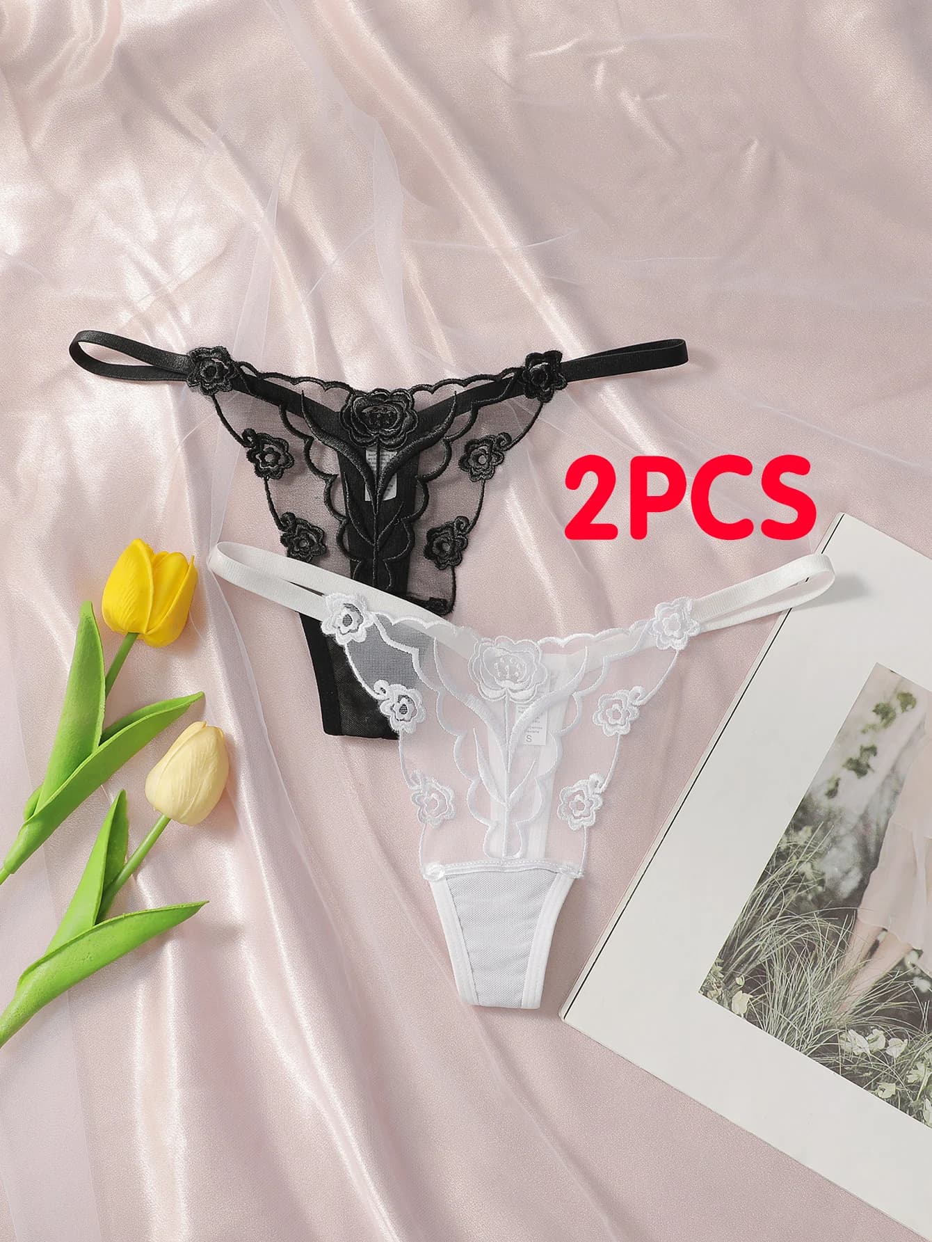 2PCS Elegant Floral Lace Women's Thong Underwear Seamless Invisible G-string Panties Comfortable Breathable Lingerie for Women