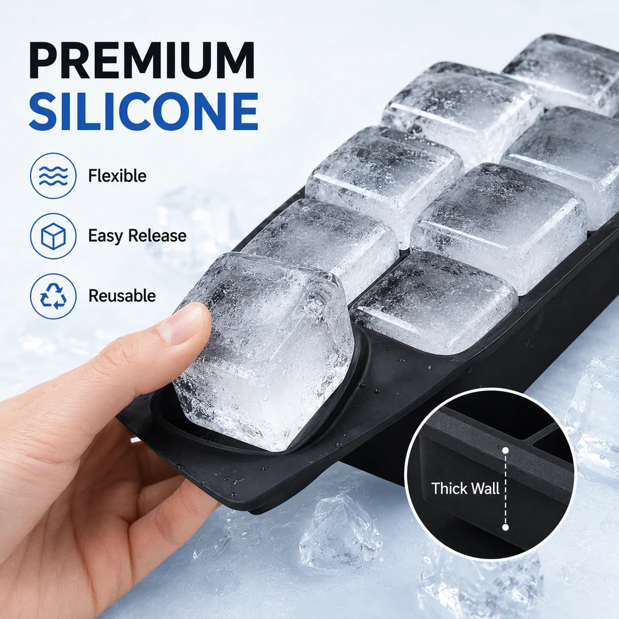 4/6/8/15 Grid Ice Cube Maker Silicone Mold Large Tray Durable Ice Blocks for Wine Bar Pub Kitchen