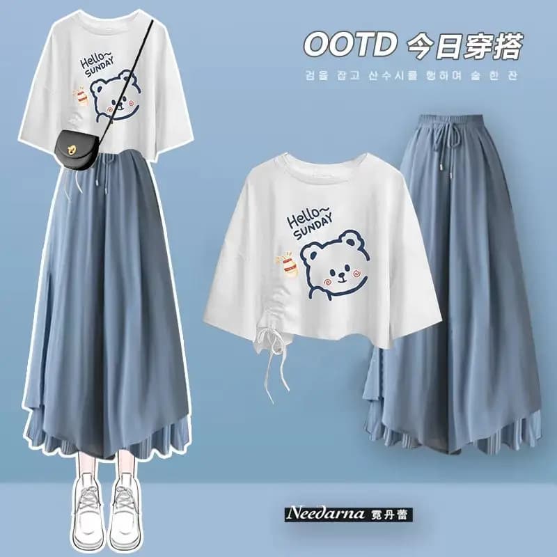 2025 Summer New Pants Gonna Dress for Korean Student Trained Short Sleeved T-shirt + Random Large Leg Pants Two Piece Set