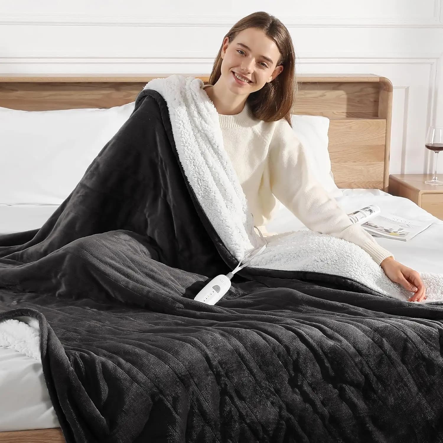 Coperta Elettrica Riscaldata 50x60 con 5 Livelli di Calore, Spegnimento Automatico e Protezione da Surriscaldamento - Morbido Peluche Sherpa (Grigio Antracite)