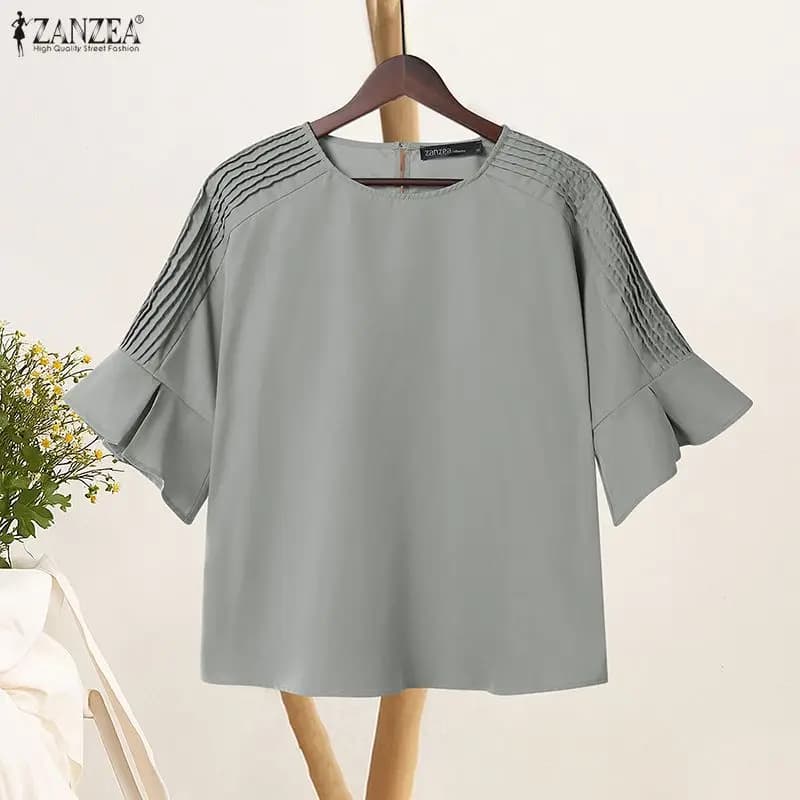 ZANZEA Camicette da donna casual e da giorno Pintuck Estate O-Collo Mezza manica svasata Tinta unita Elegante Designer Top Abbigliamento donna