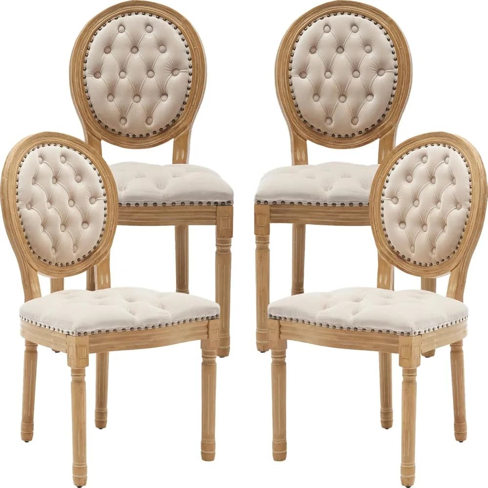 Set di 4 sedie da pranzo country francesi, sedie da cucina e sala da pranzo beige, sedie da cucina in velluto, imbottite trapuntate, gambe in legno,