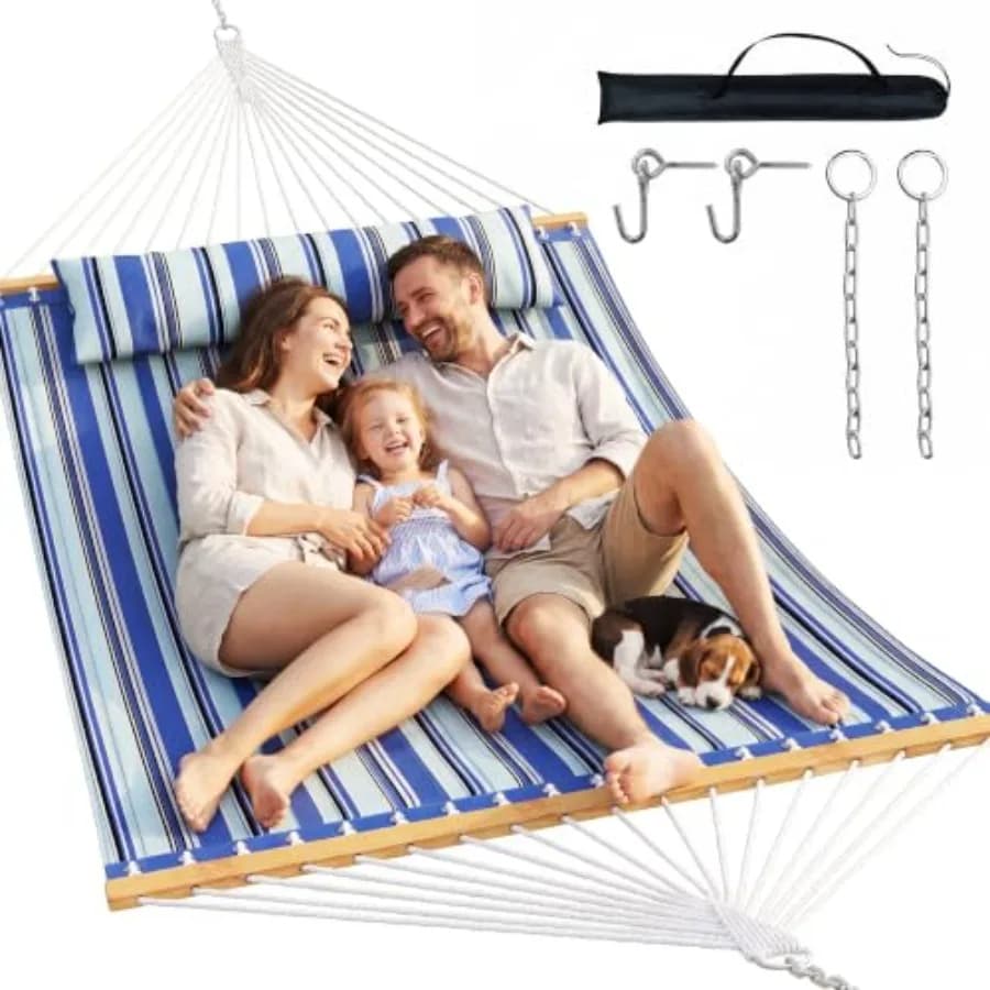 Double Hammock with Spreader Bar, Soft Pillow, Max Load 500lbs, Portable Hammock for Outdoor, Camping, and Backyard, Aqua Blue