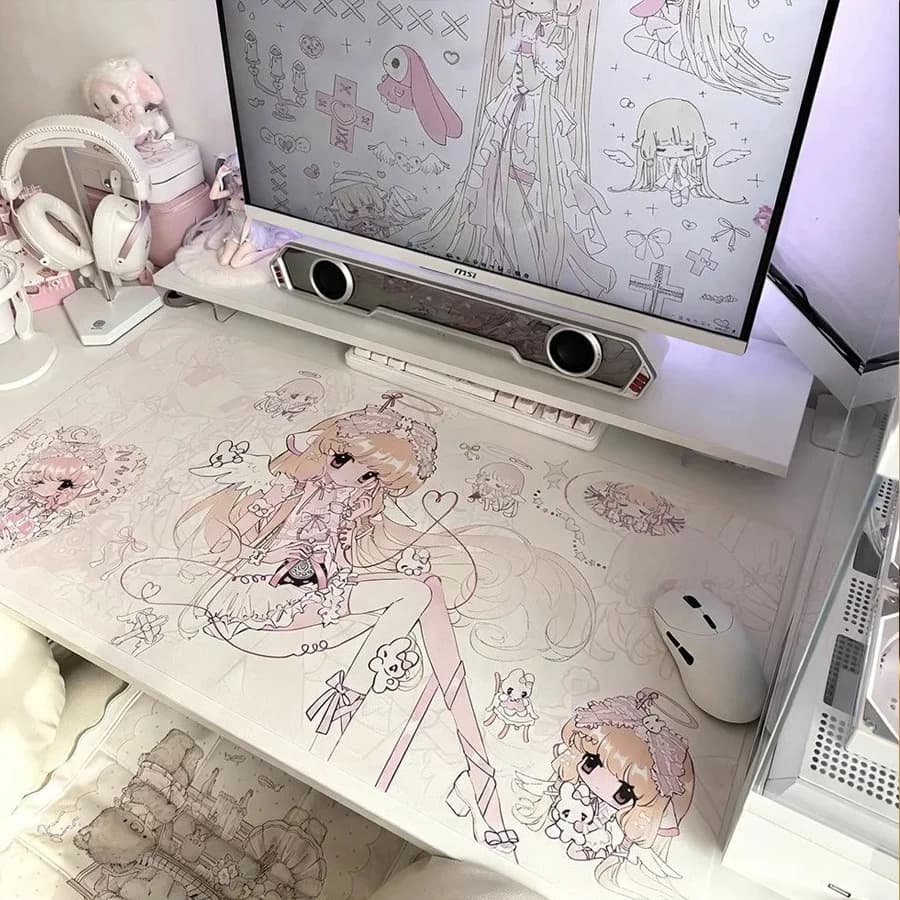 Tappetino per Mouse in Pelle Rosa Angelico Extra Large, Antiscivolo e Impermeabile, Comodo Tappetino da Scrivania per Ufficio, Gaming, PC e Studenti