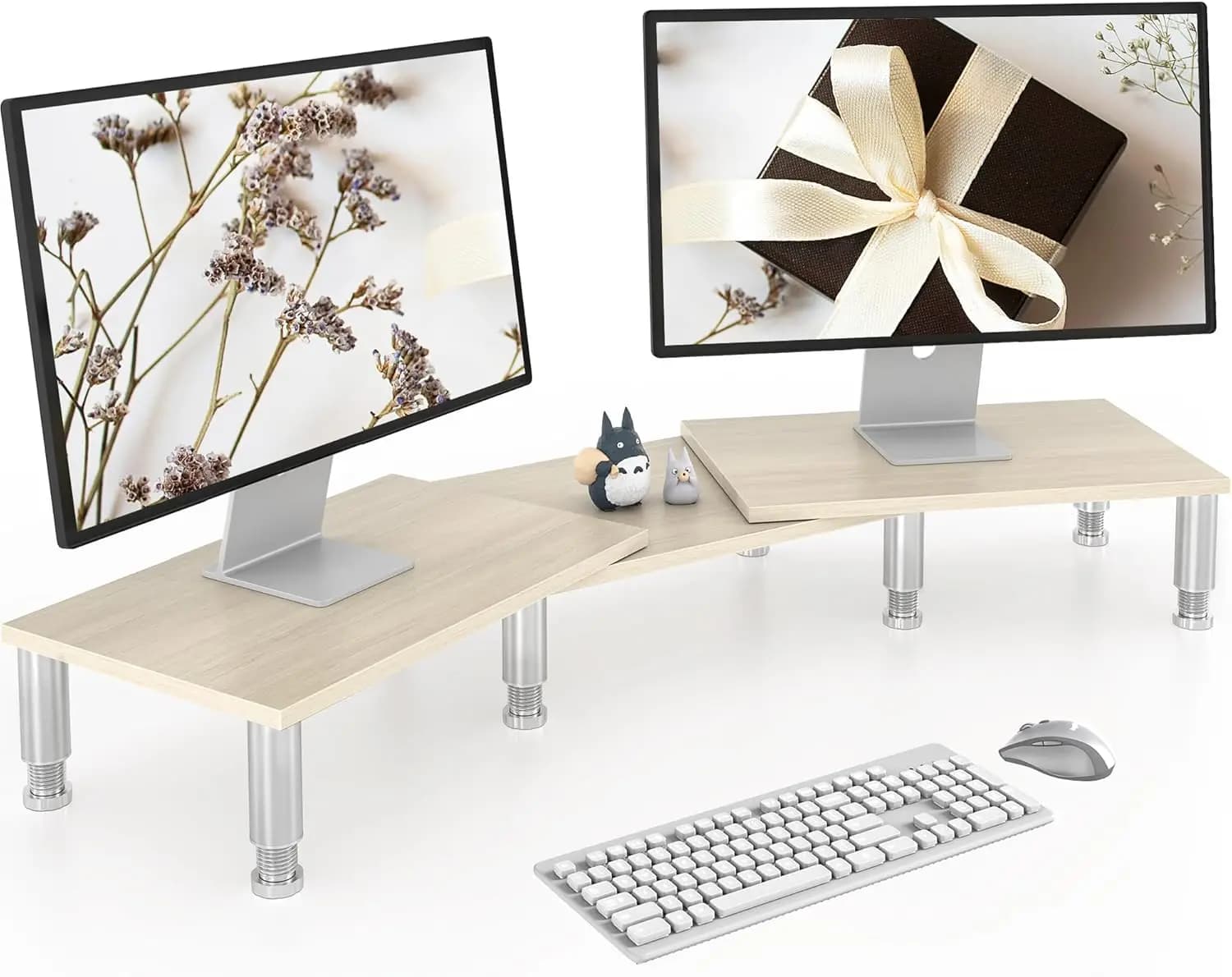 Supporto per Doppio Monitor - Lunghezza e Angolazione Regolabili, Stand in Legno per 2 Monitor con Vano Portaoggetti