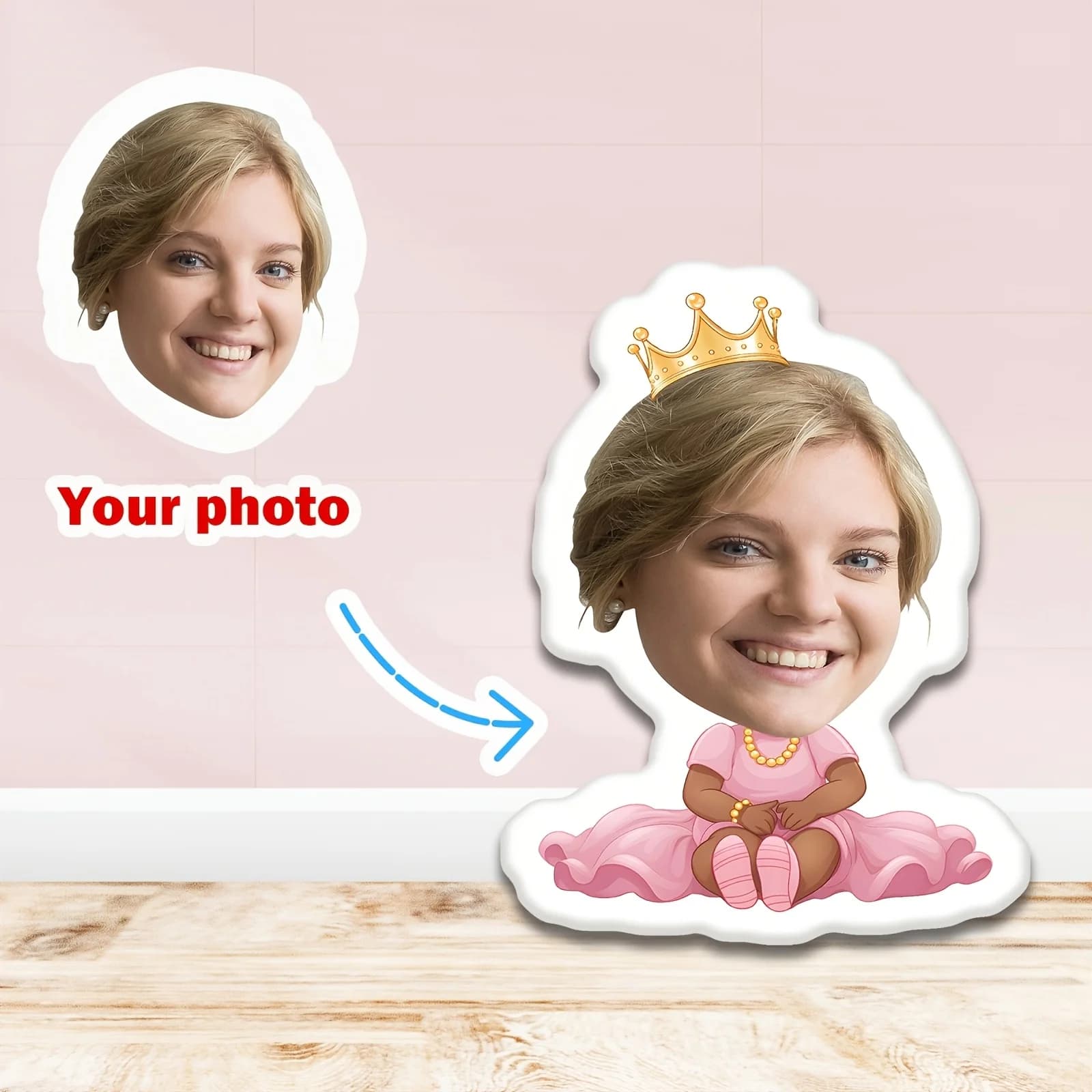Cuscino in peluche personalizzato con faccia e corona principessa 3D con morbida stampa fronte-retro, adatto per San Valentino, Natale