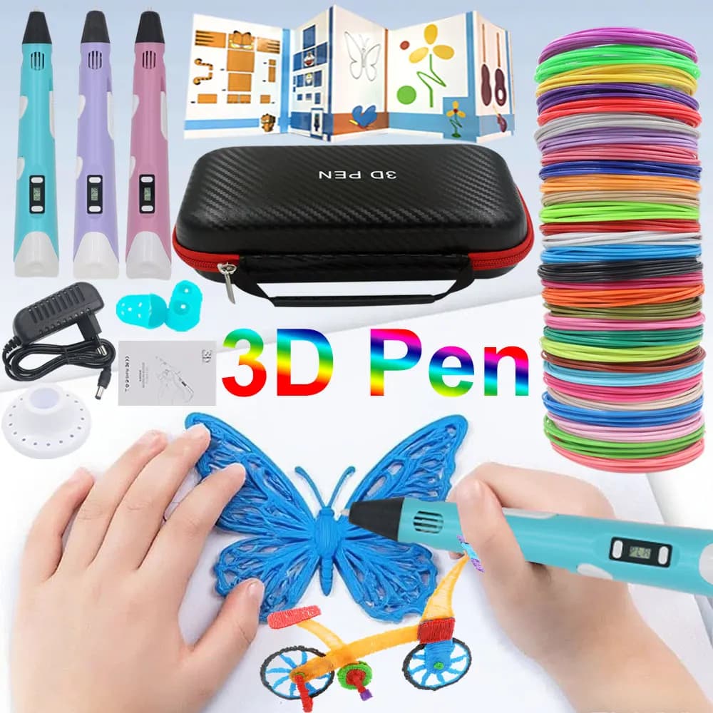 Nuovo design Set di penne per pittura con stampa 3D con display LCD Adattatore di alimentazione Filamento PLA Scatola da viaggio Compleanno per bambini Regalo di Natale