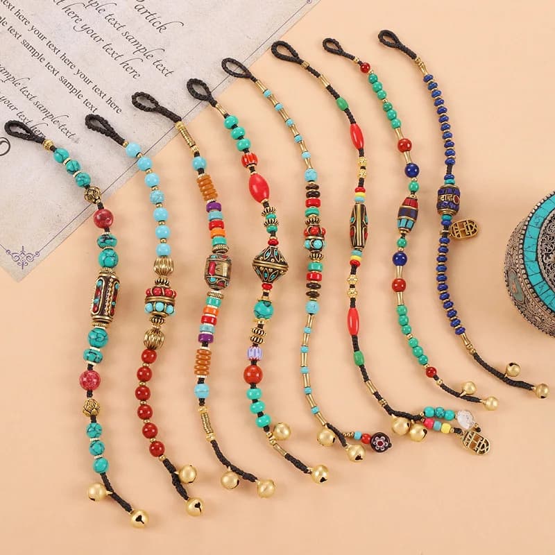 Ethnic Tibetan Style Gemstone Bead Bracelets for Women Men Vintage Nepal Exotic Jewelry Hand-carved Copper Bell Hand Chain Gifts