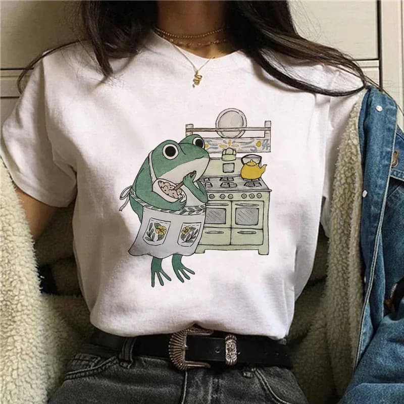 T-shirt da donna oversize con stampa cartone animato a forma di rana, stile accademico, primavera estate, moda Ulzzang Harajuku, versatile, a maniche corte