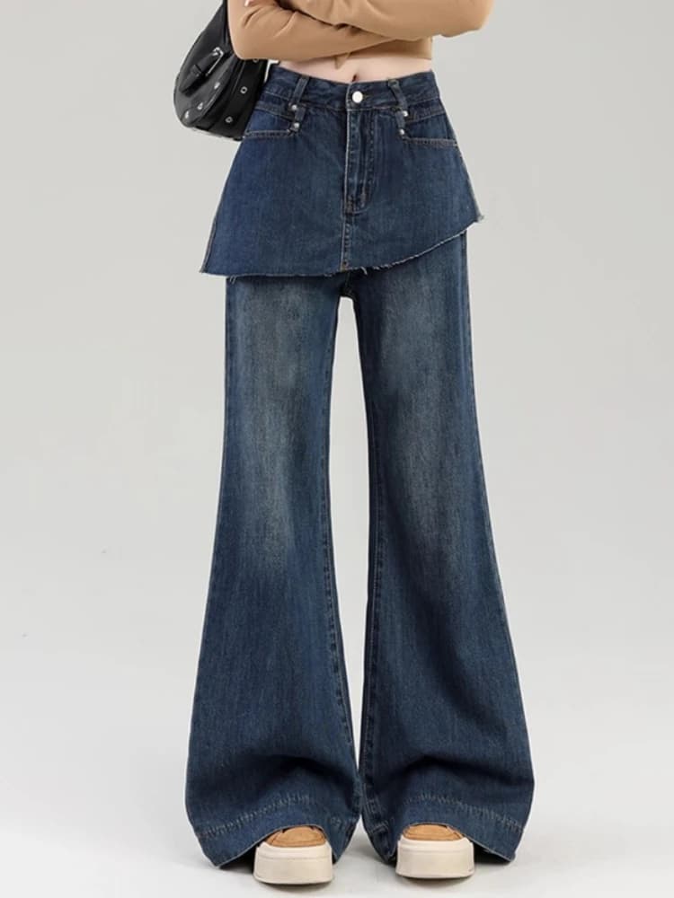 Retro Falsi Due Pantaloni da Donna a Vita Alta Leggermente Svasati Jeans da Donna Autunno Lavaggio Allentato Casual Pantaloni in Denim da Donna a Gamba Larga