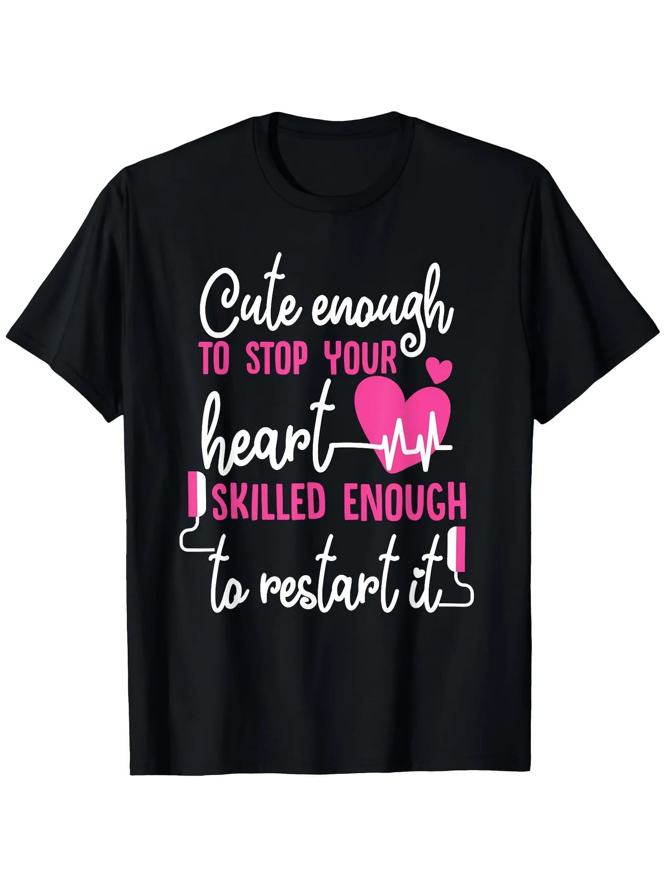 Adorably Heart-Warming Emt T-Shirt - 180g Soft Pure Cotton, Black Base with Pink Heartbeat Pattern, Ideal Choice for Professionals, Perfect Gift for Halloween, Thanksgiving, and Christmas, Soft Breathable Fabric, Machine Washable, Comfortable to Wear All Year Round, Anime-Themed T-Shirt, Comfortable Clothing, Cartoon Character Design, Medium Elasticity Design, Special Labor Day Edition