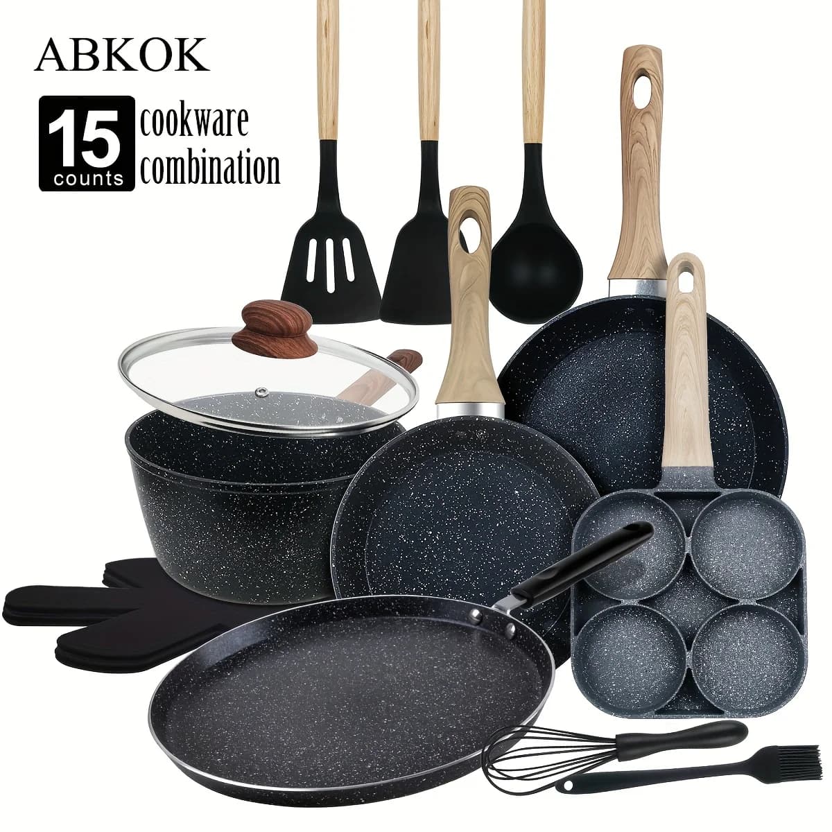 Set di pentole antiaderenti da 15 pezzi, con kit completo di padelle e pentola a vapore, robusto e di lunga durata per tutti i tipi di piani cottura (inclusi Hindu/induzione), con spatola e pinze.
