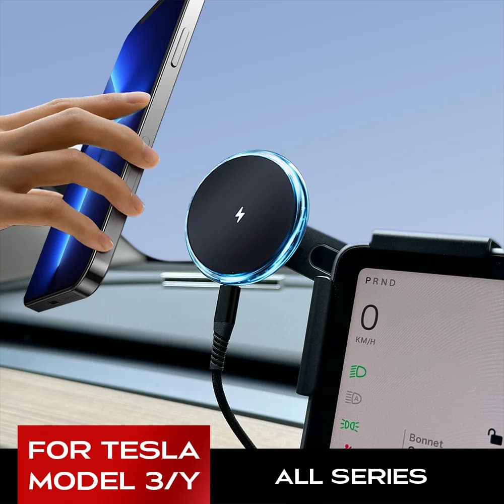 Magnetic Wireless Charger with Bright Blue Ring Compatible with MagSafe, Phone Support with Mounting on Screen for Tesla Model Y 3 Juniper Launch