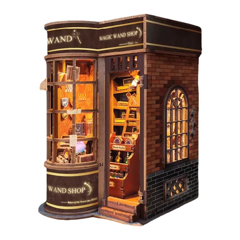 Kit di angolo per libri in legno fai-da-te Bacchetta magica Negozio Figurine Miniature Fermalibri Scaffale fatto a mano Luce Amici Regali Decorazioni per la casa Artigianato