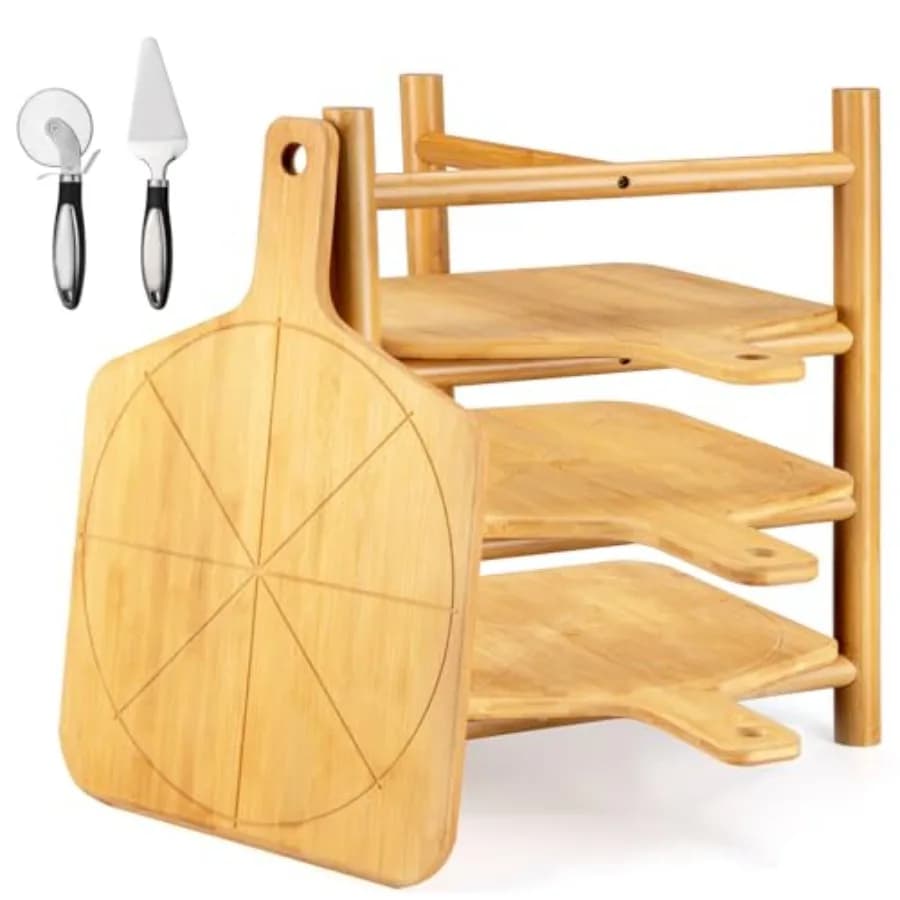 Set di 4 pale per pizza da 16,9 x 12 pollici con supporto, pala liscia per pizza, tagliere con 8 scanalature per il taglio, vassoio da portata incluso.
