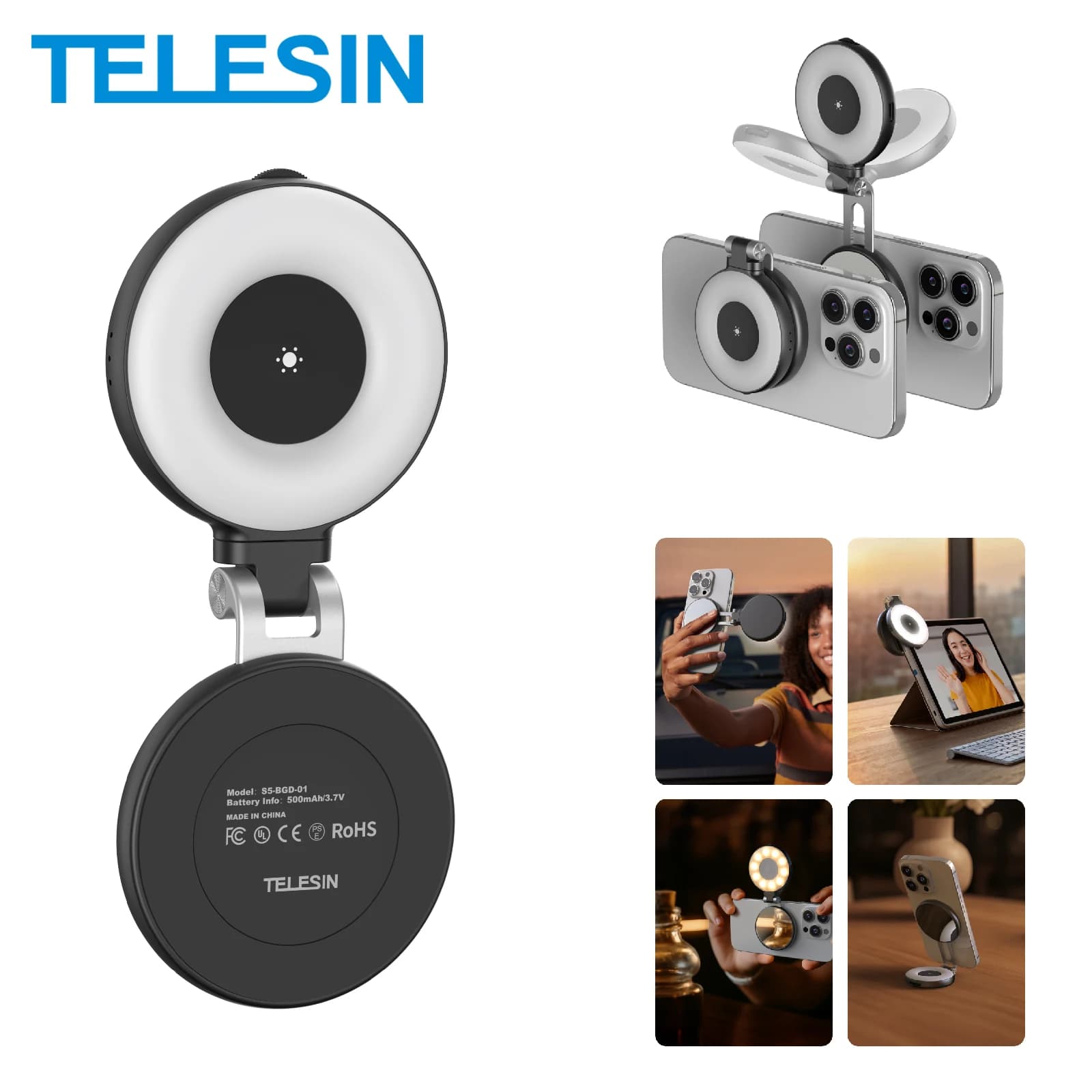 TELESIN Luce di riempimento magnetica Mini SSelfie Ring Fill Light 3 modalità con luce a specchio universale per smartphone Iphone Android