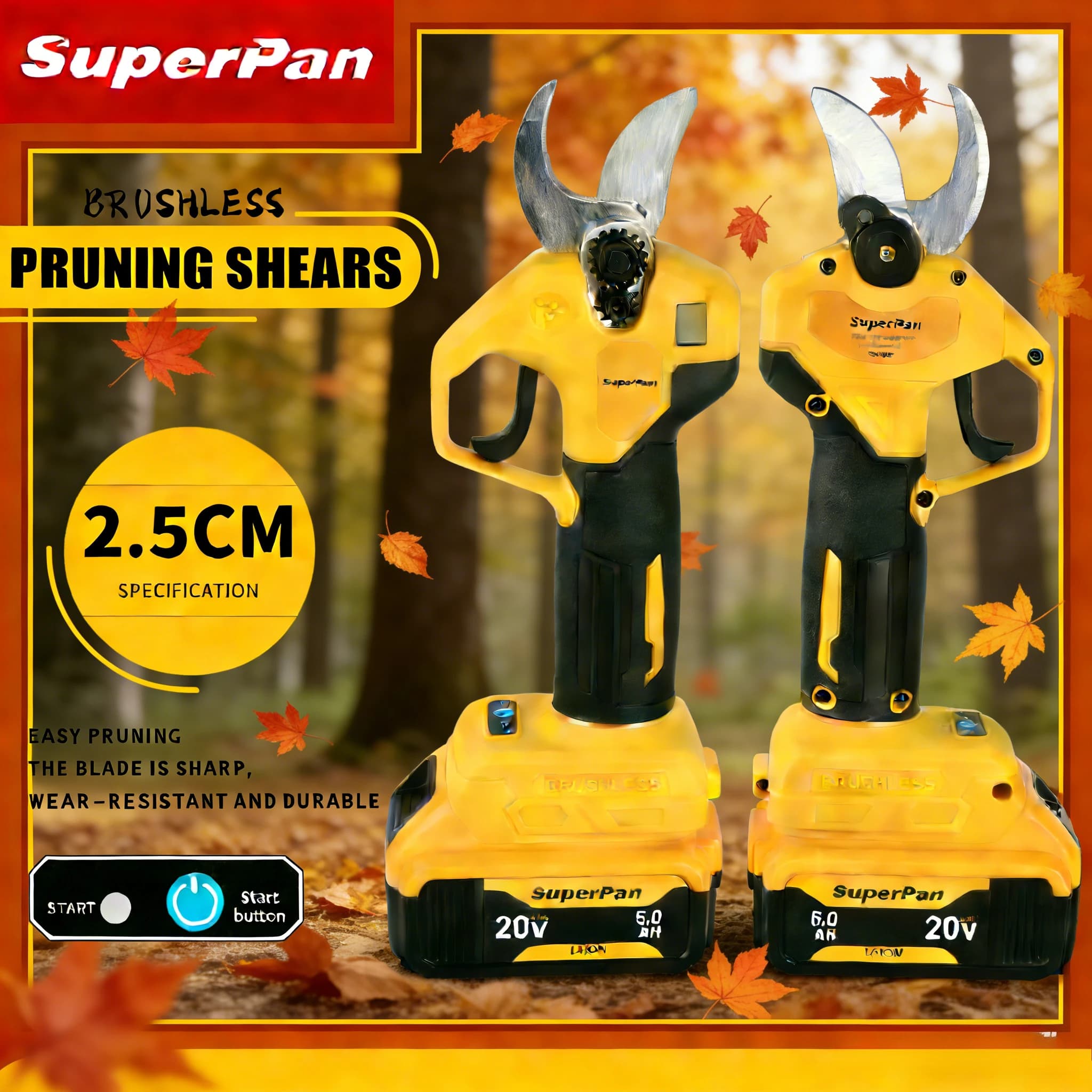 SuperPan battery pruning scissors, cutting diameter 2.5 cm, anti-slip, for bamboo pruning and gardens, compatible with DeWalt 20V battery.
