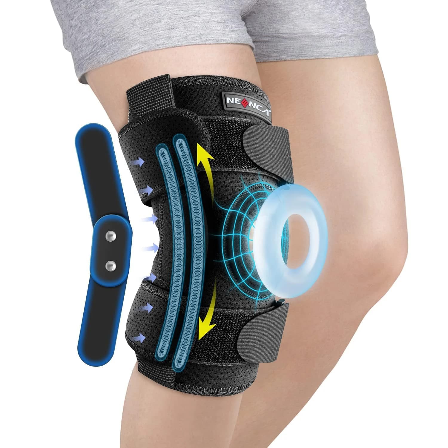 Supporto per ginocchiera incernierato per dolore al ginocchio doppie cerniere in metallo e stabilizzatori a molla laterale incorporati per il recupero della chirurgia di uomini e donne