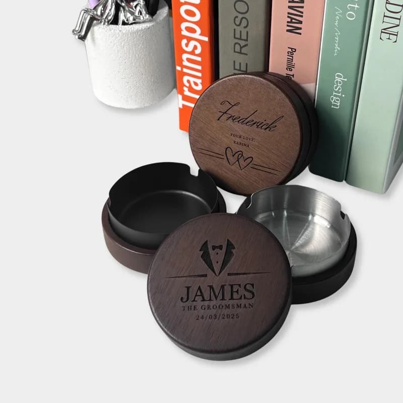 Personalised Laser-Engraved Wooden Ashtray with Text Engraved Gift for Smoker with Wooden Lid to Prevent Ash Scattering