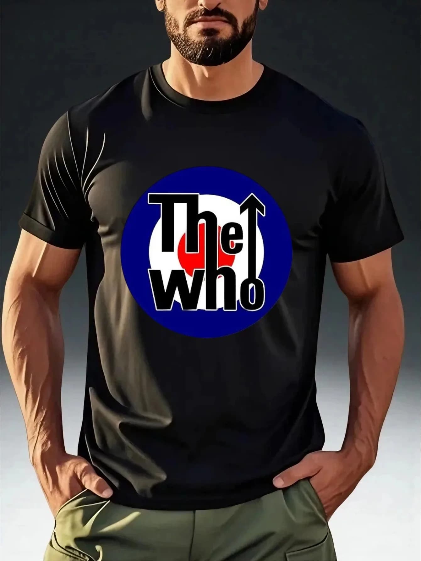 Fashionable men's t-shirt with classic rock theme and 'The Who' logo print, stylish and appealing design