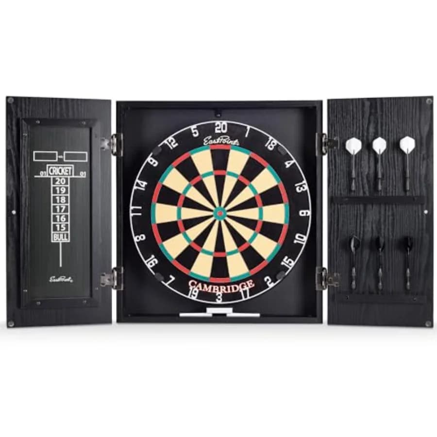 Giochi da bar per interni: set di freccette con mobiletto in legno pregiato e finitura nera, design facile da montare, include 6 freccette con punta in acciaio e s
