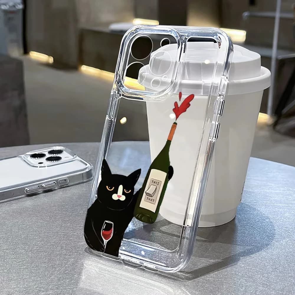 17AIR Black Cat Tasting Wine Cassa Del Telefono Per iPhone 14 15 16 Plus Pro 11 12 13 Pro Max XR XS 7 8 Plus 16E Trasparente Trasparente Morbido