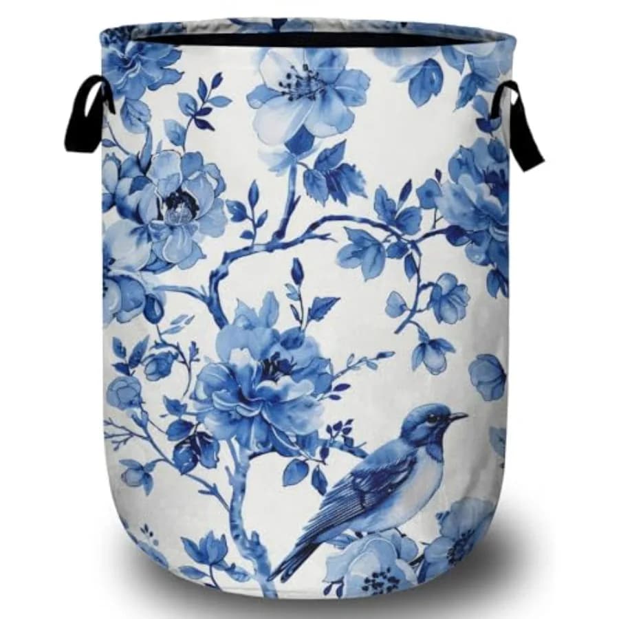 Blue Bucato Basket with Floral Pattern and Birds, Foldable & Waterproof, Whitewear Bag, Steam Clothes Container, Bath Toy Organizer