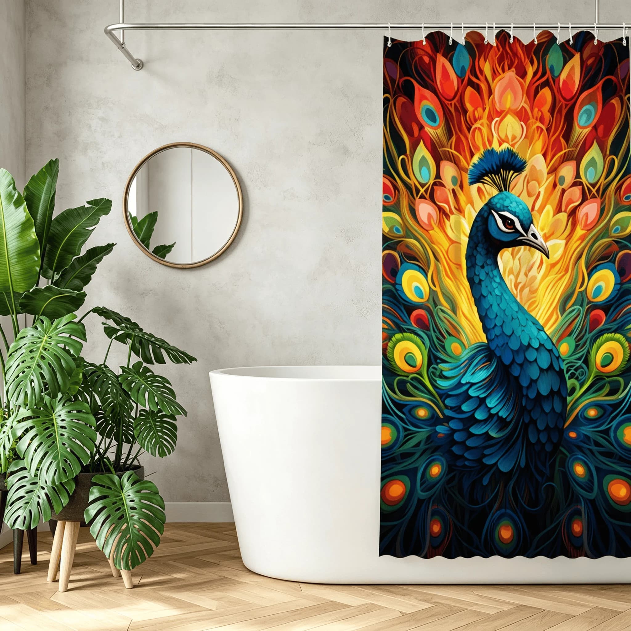 Colorful Peacock Feather Abstract Art Shower Curtain Waterproof Fabric Bathroom Decor Set with Hooks