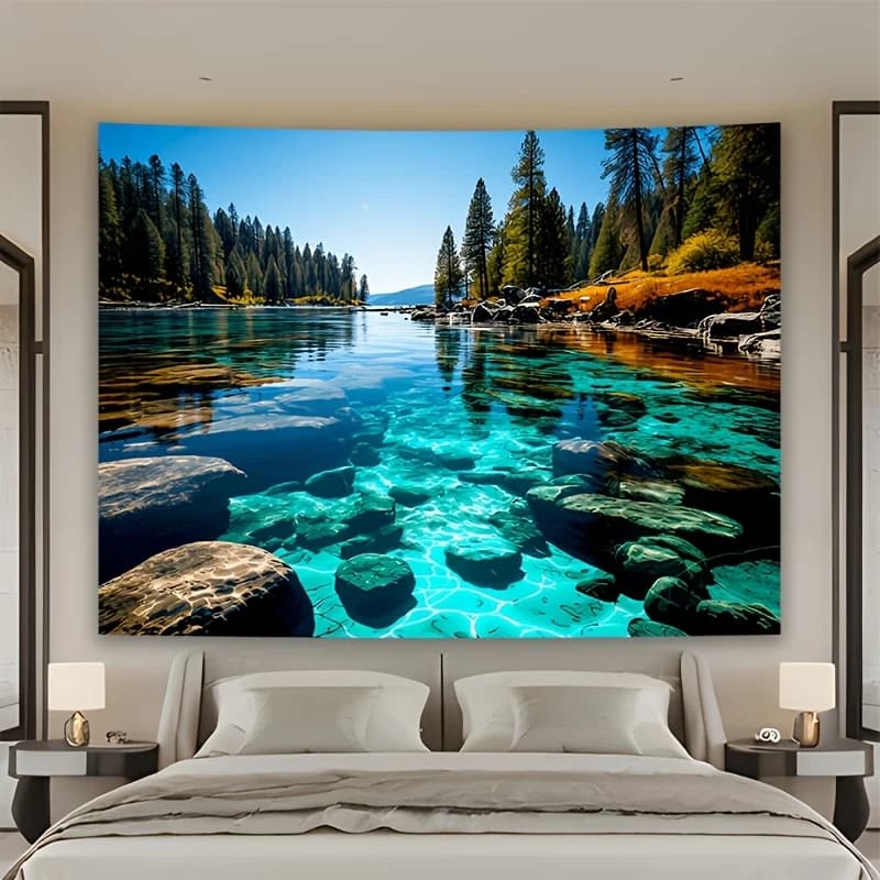 Lake And Mountain Forest Scenery Tapestry, Polyester Fiber Material, Suitable for Living Room, Bedroom, Office, Party And Other