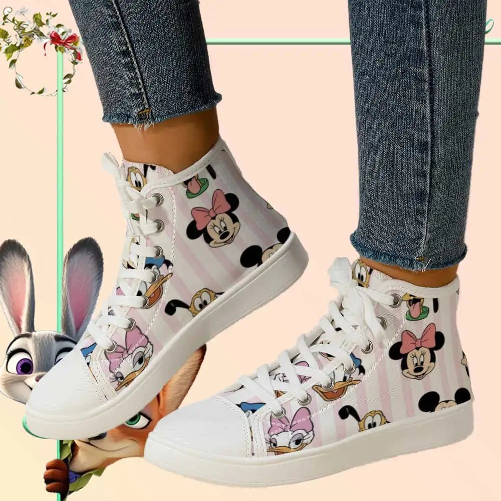 Sneakers alte in tela a righe rosa Disney Mickey & Friends con licenza ufficiale – Stampa con personaggi adorabili, tomaia morbida e traspirante