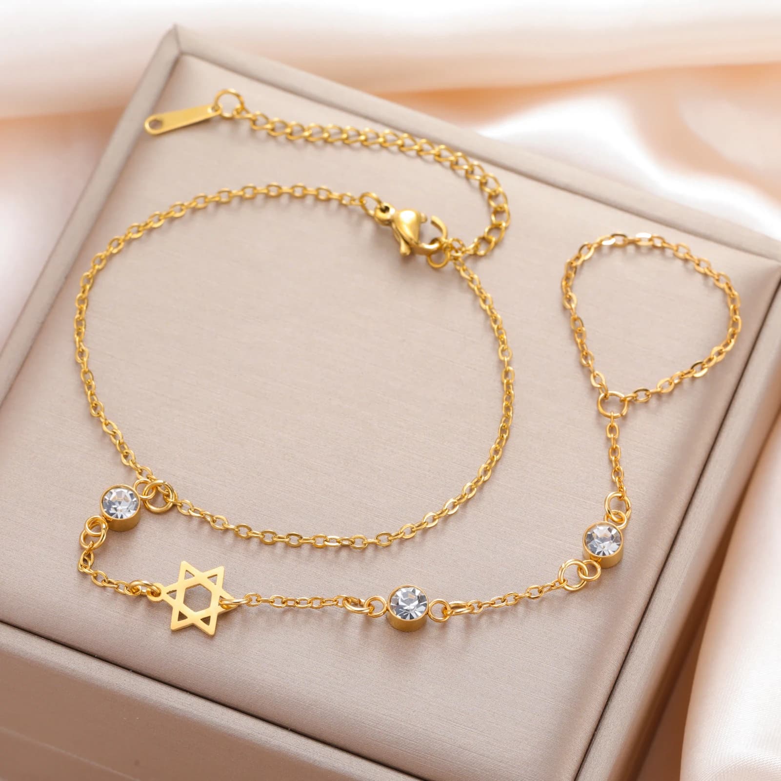 Cazador Stainless Steel Star of David Clear Zircon Finger Bracelet Ring Jewish Israel Bracelet Chain Jewelry for Women Gift 2026