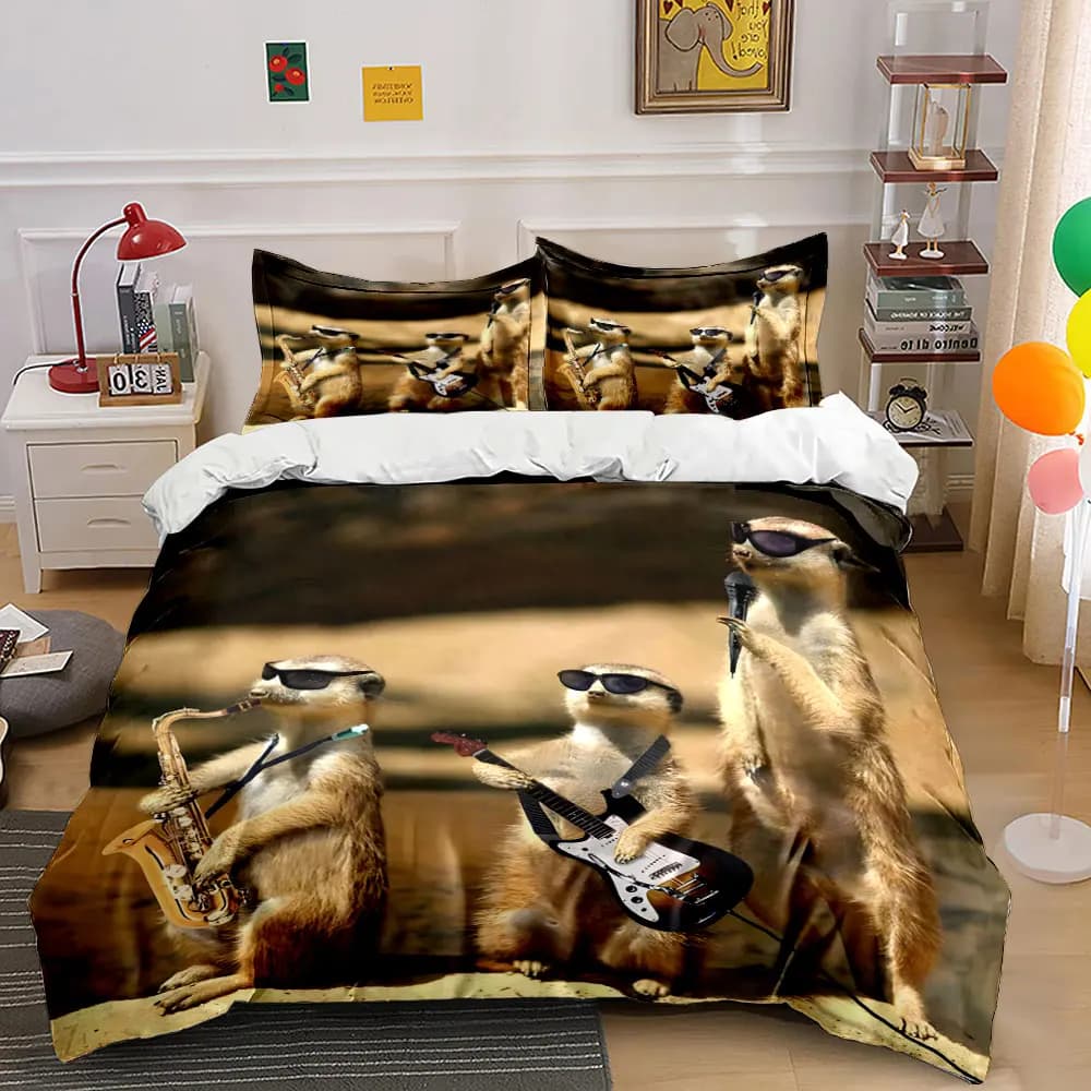 Set copripiumino con motivo Fun Creative Meerkats Band, stampa digitale, biancheria da letto colorata in poliestere con chiusura a cerniera, per regali per bambini