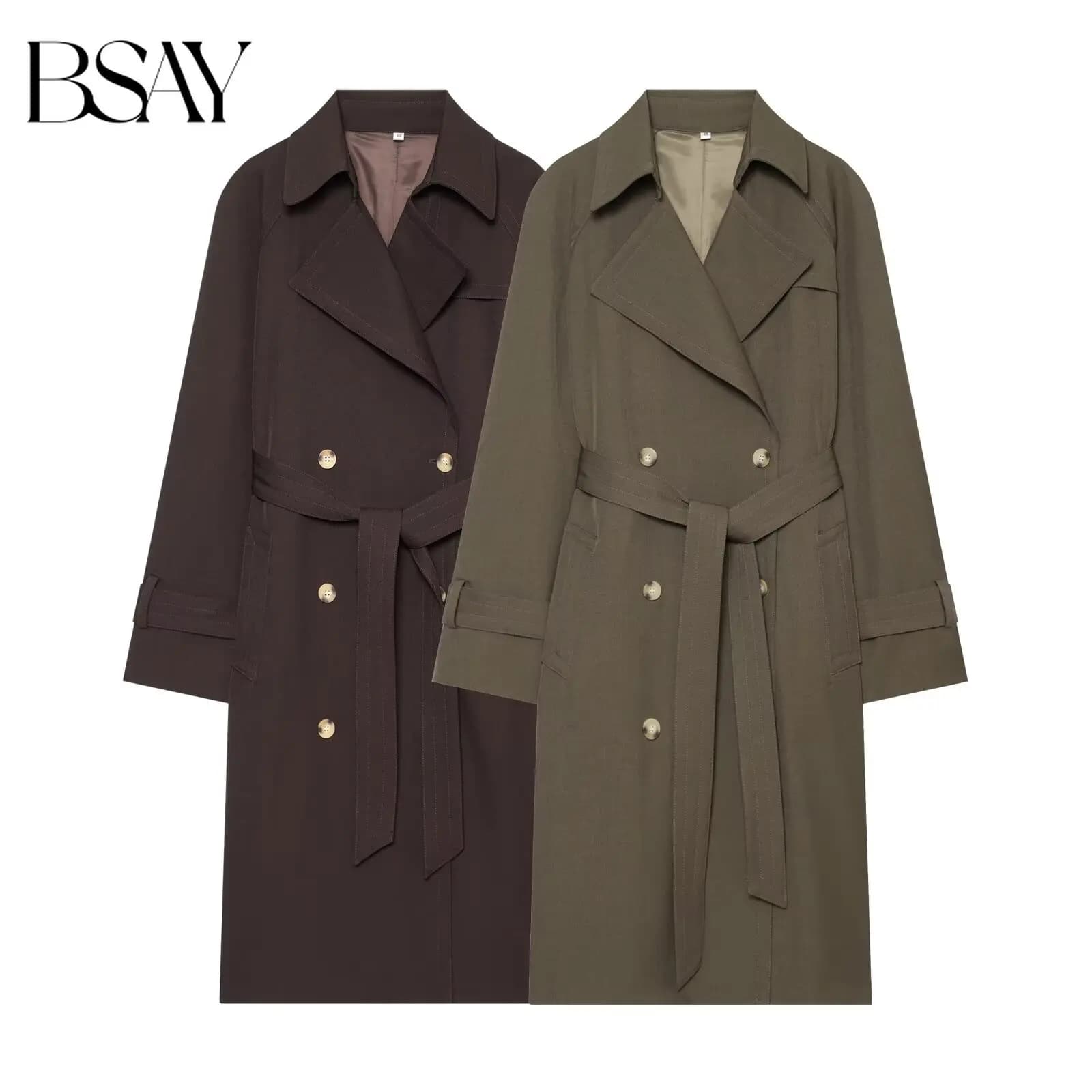 BSAY 2026 New Elegant Women Long Trench Coat Lapel Collar Double Breasted Waist Belt Raglan Sleeve Casual Windbreaker Outerwear
