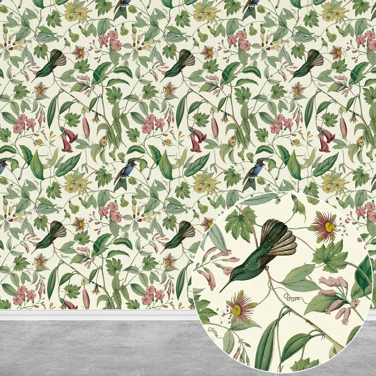Green Floral Birds Peel and Stick Wallpaper Hummingbird Leaf Self Adhesive Wall Paper Removable Flower Contact Paper for Home