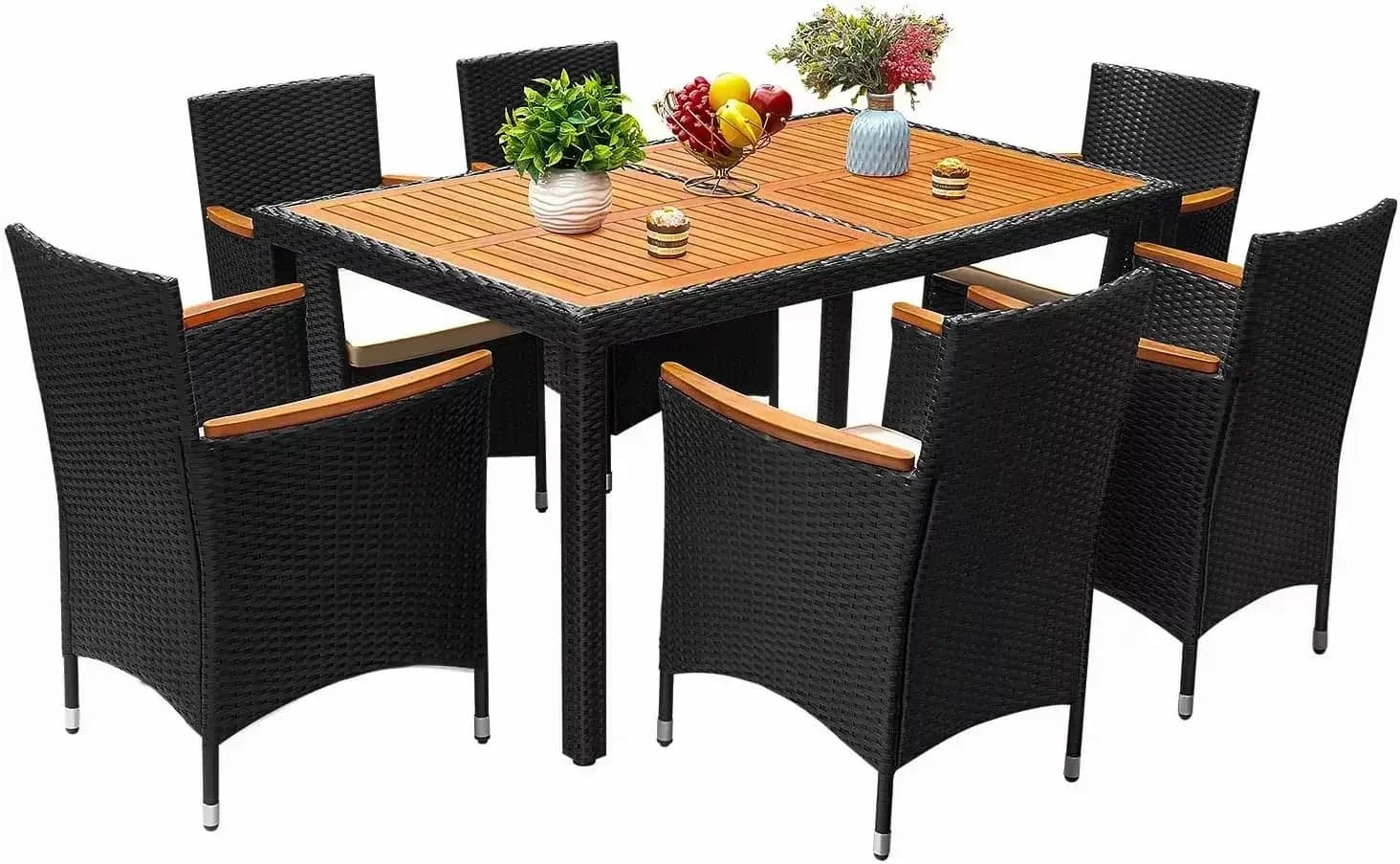 Bestseller 7 Pieces in Acacia Wood with Table and Chairs and Soft Bearings, Garden Furniture for Terrace and Courtyard