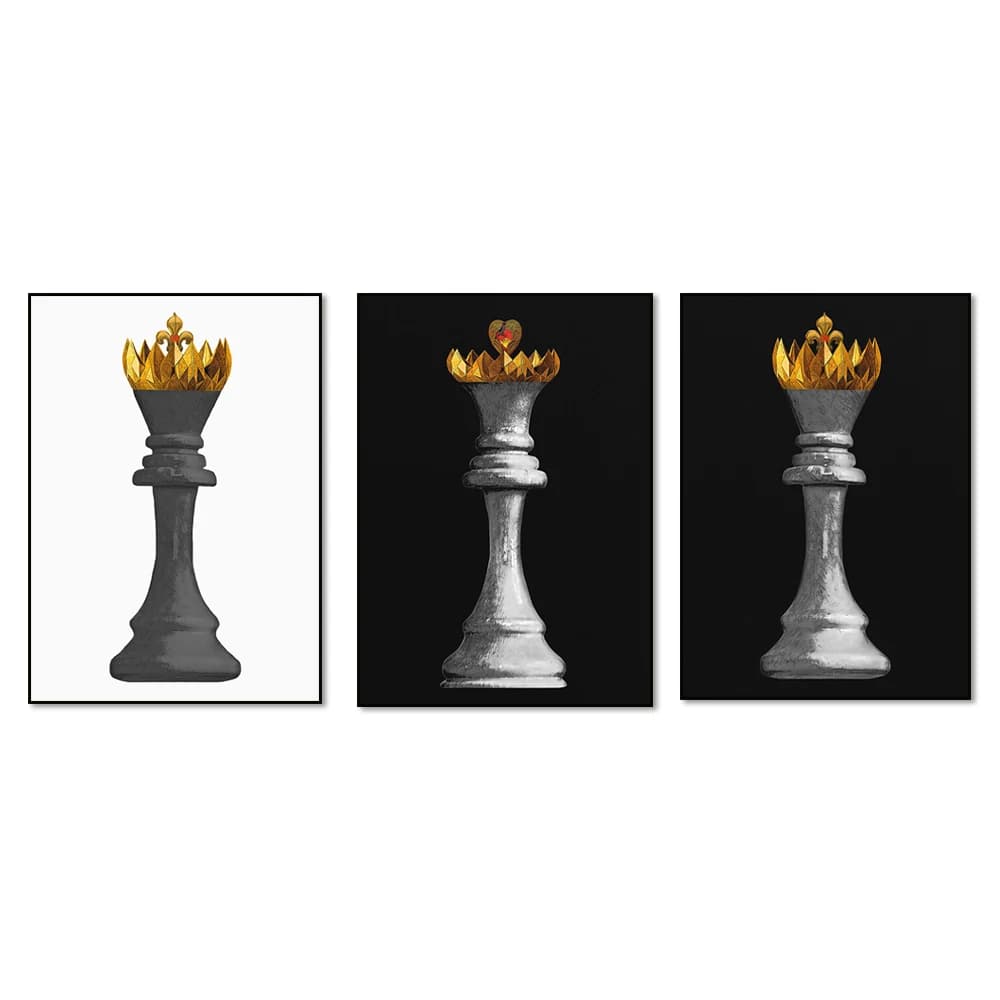 Set di scacchi Decorazione del gioco da tavolo King & Queen | Pittura di coppia di pezzi degli scacchi neri | Stampa su tela da parete