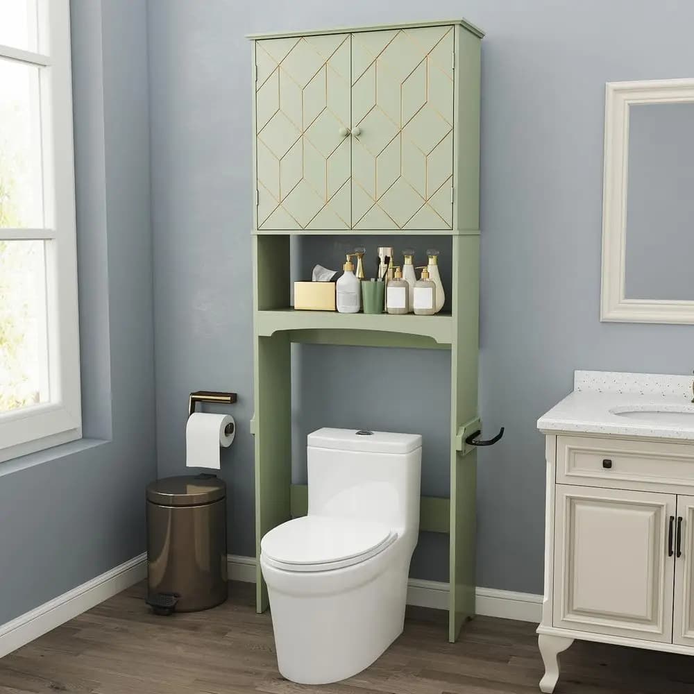Mobiletto portaoggetti da posizionare sopra il WC con finiture oro, organizer da bagno sopra il WC con ripiani regolabili e porta carta igienica