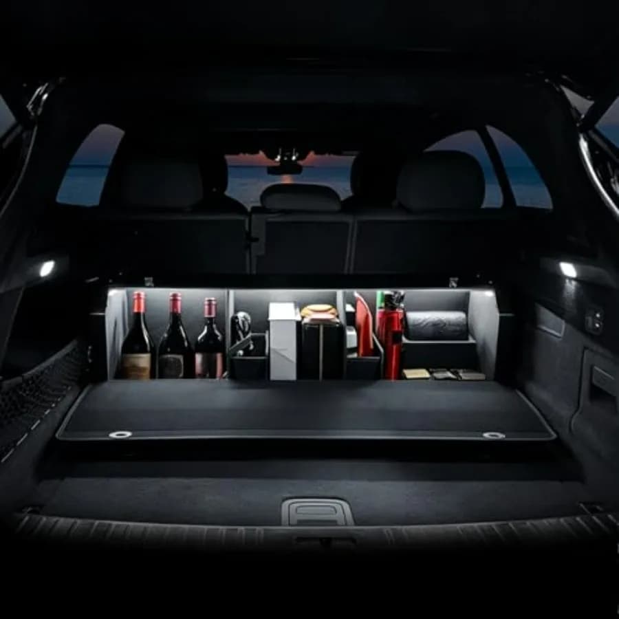 Organizer per bagagliaio auto in pelle con luce LED, contenitore portaoggetti per SUV e minivan, nero, 42,9 x 11,4 x 12,2 pollici, coperchio con maniglia a spinta e sollevamento.