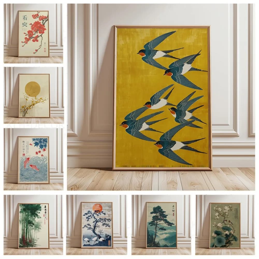Japanese Crane Poster,Vintage Ukiyo-e Wall Art,Red Sun and Pine Tree Print,Traditional Japanese Artwork,Oriental Home Decorat