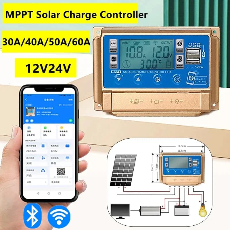 12V/24V 30A/40A/50A/60A LCD ad alta definizione Ampio display digitale Bluetooth WIFI Regolatore di carica solare Pannello solare MPPT