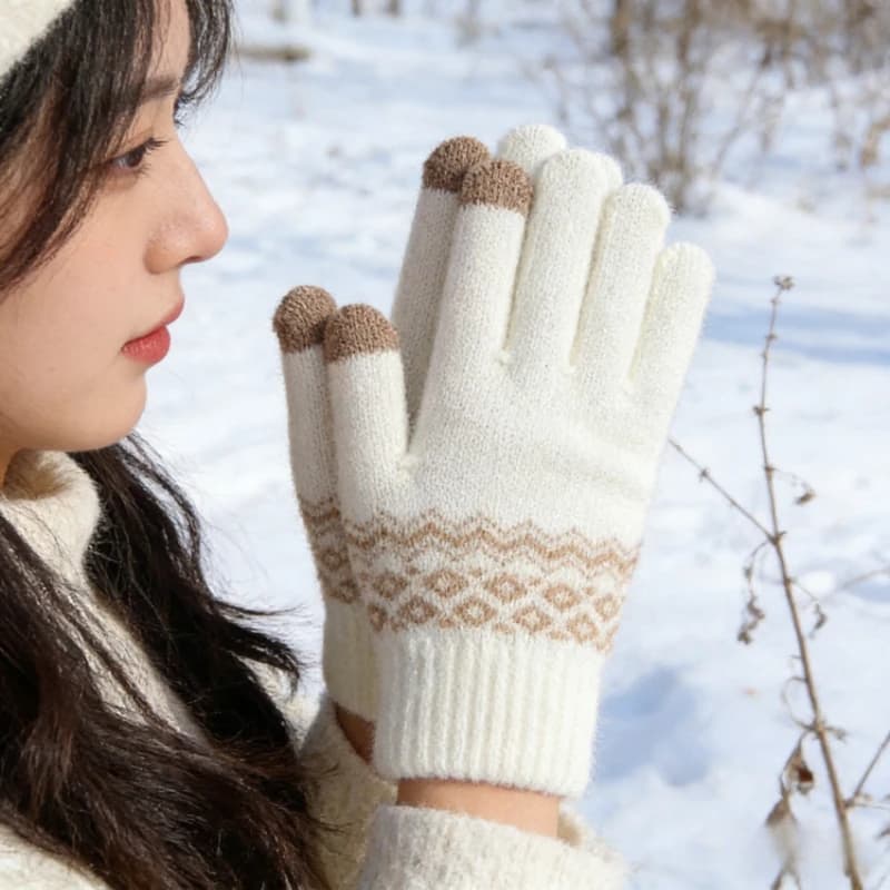 Guanti invernali da donna in stile coreano, in maglia, foderati in pile, spessi, touch screen, antivento, caldi, versatili per ciclismo