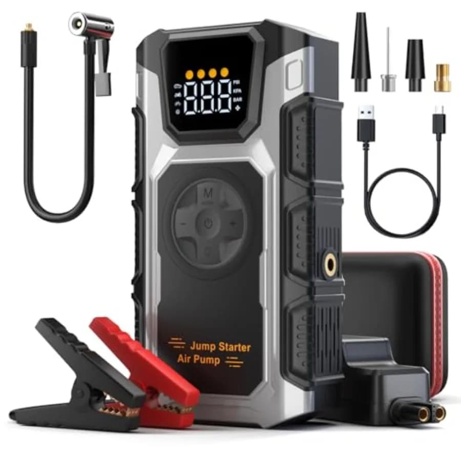 Avviatore di Emergenza 5500A con Compressore d'Aria 150PSI, Caricabatterie Portatile per Auto e Gonfiatore Pneumatici per Motori a Benzina fino a 9.5L/Diesel fino a 8.0L