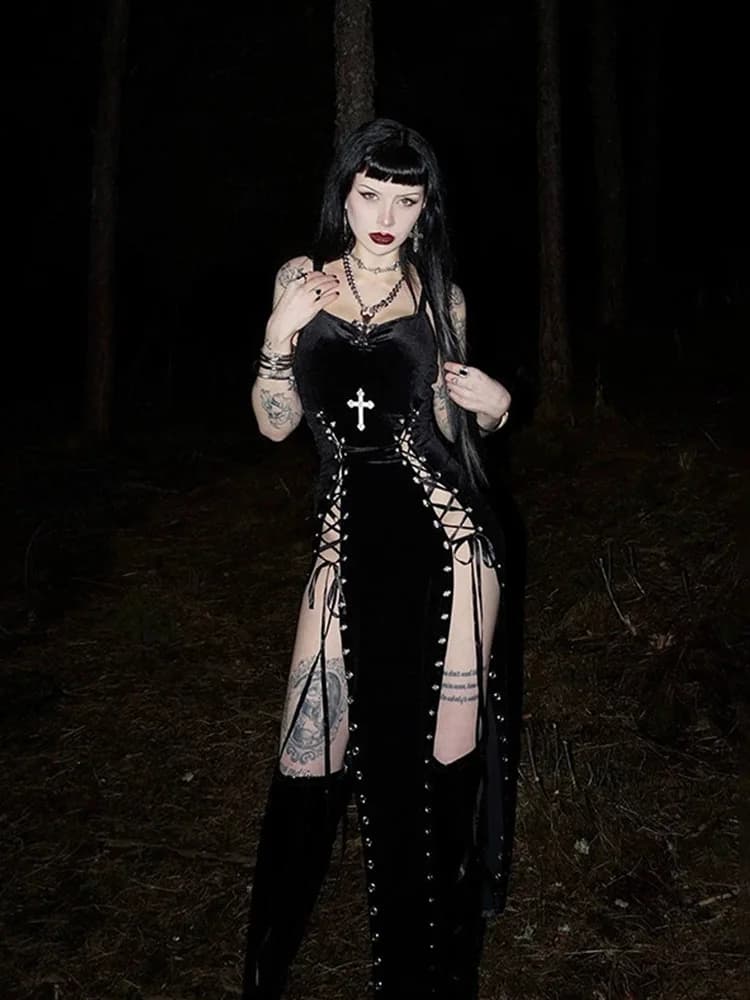 Cinghie con orlo alto diviso punk scuro Dess anni '90 Abito streetwear da donna Abiti sexy in velluto con fasciatura di mais Abiti gotici da centro commerciale