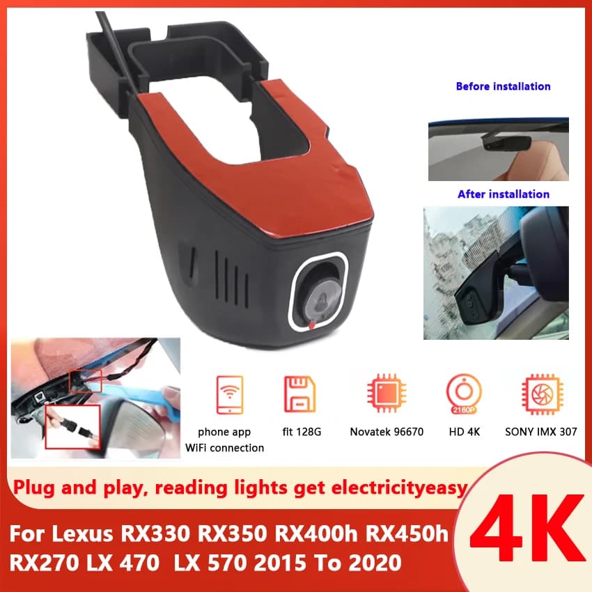 4K Car DVR Wifi Video Recorder Dash Camera Control Phone APP For Lexus RX330 RX350 RX400h RX450h RX270 LX470 LX570 2015 To 2020