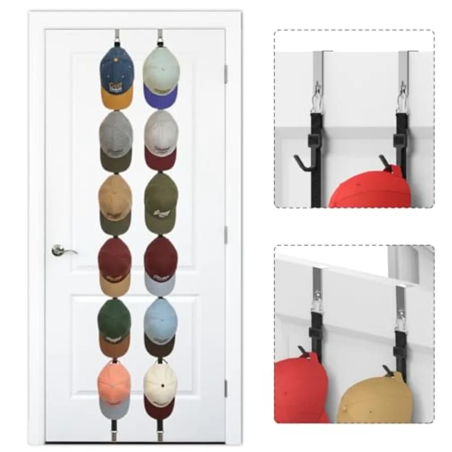Hat Rack for Door, Hat Holder over the Door Hats Organizer for Baseball Caps, Hat Hanger for Closet, 12 Hooks Cap Organizer on