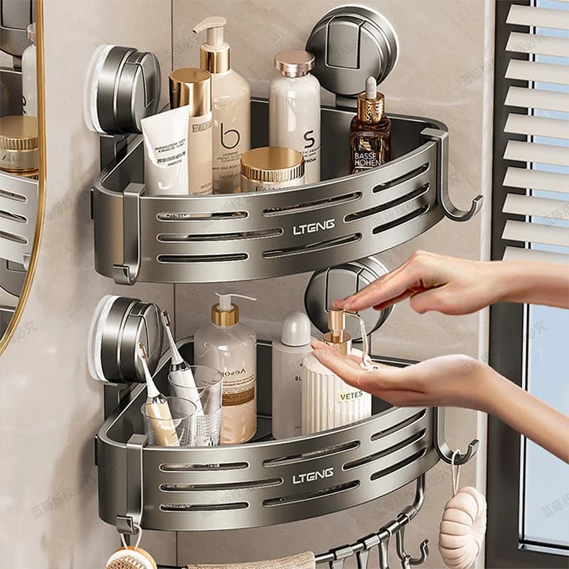 Shower-holder basket, drill-free suction cup assembly, aluminium, 4-layer protection, for corner spaces, includes towel rack
