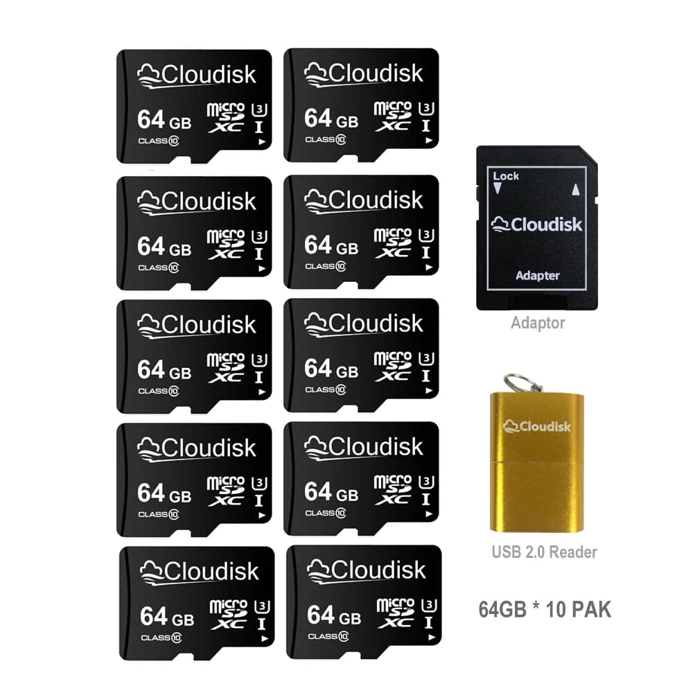 Cloudisk Confezione da 10 Schede Micro SD, Scheda di Memoria 128GB 64GB 32GB 16GB 8GB C10 A1 TF Card MicroSD con Adattatore SD e Omaggi Gratuiti